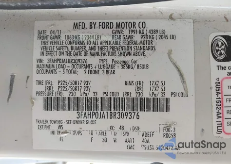 2011 Ford Fusion Sel z USA, uszkodzony, nr VIN 3FAHP0JA1BR309376